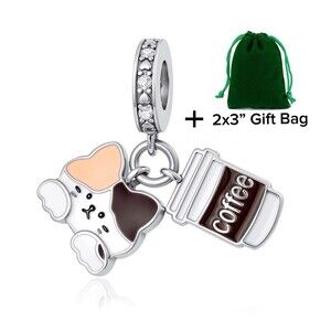Coffee & Cat Charm Bead | 925 Silver | Brand New